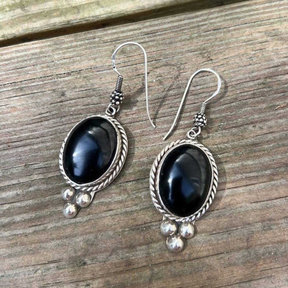 Vintage Mexican Black Onyx and Sterling Silver Earrings
